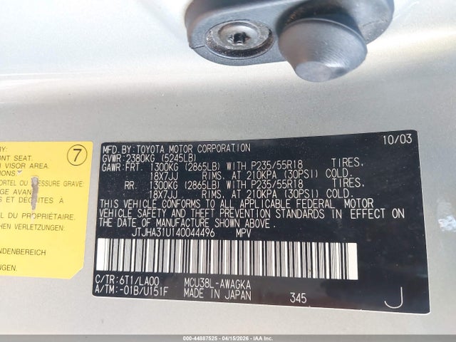 Aukcja sprzedaży 2004 Lexus Rx 330, vin: JTJHA31U140044496, numer aukcji: 44887525