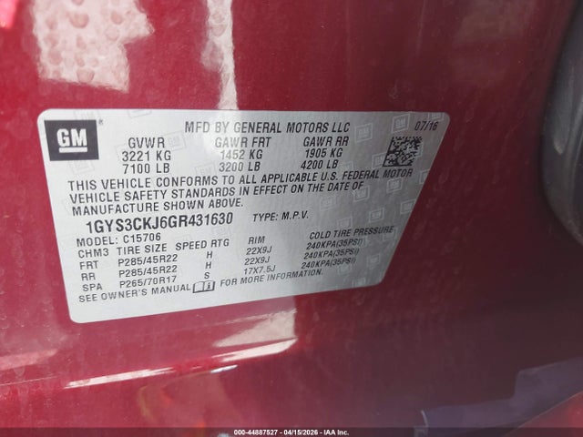 44887527 :رقم المزاد ، 1GYS3CKJ6GR431630 vin ، 2016 Cadillac Escalade Premium Collection مزاد بيع