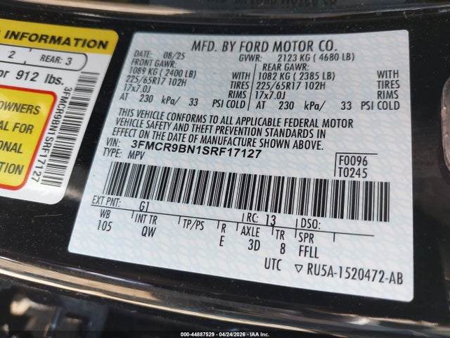 Продаж на аукціоні авто 2025 Ford Bronco Sport Big Bend, vin: 3FMCR9BN1SRF17127, номер лоту: 44887529