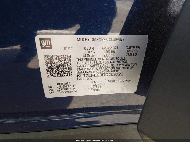 Aukcja sprzedaży 2024 Chevrolet Trax Fwd Sp, vin: KL77LFE20RC209721, numer aukcji: 44887535