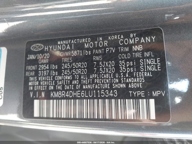 KM8R4DHE6LU115343 Hyundai Palisade Sel