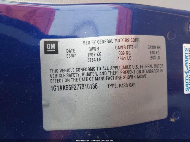 Продаж на аукціоні авто 2007 Chevrolet Cobalt Ls, vin: 1G1AK55F277310136, номер лоту: 44887541