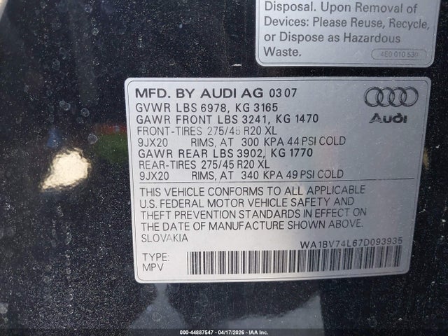 44887547 :رقم المزاد ، WA1BV74L67D093935 vin ، 2007 Audi Q7 4.2 Premium مزاد بيع