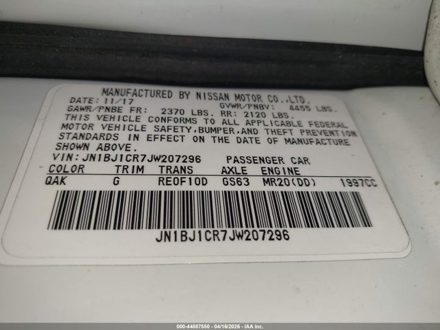 44887550 :رقم المزاد ، JN1BJ1CR7JW207296 vin ، 2018 Nissan Rogue Sport S مزاد بيع