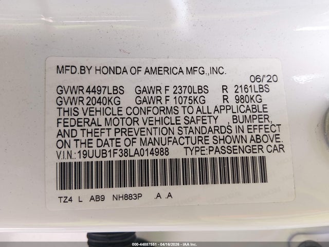 Aukcja sprzedaży 2020 Acura Tlx Standard, vin: 19UUB1F38LA014988, numer aukcji: 44887551