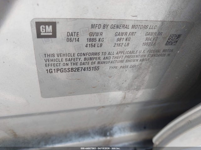 44887563 :رقم المزاد ، 1G1PG5SB2E7415155 vin ، 2014 Chevrolet Cruze Ltz مزاد بيع