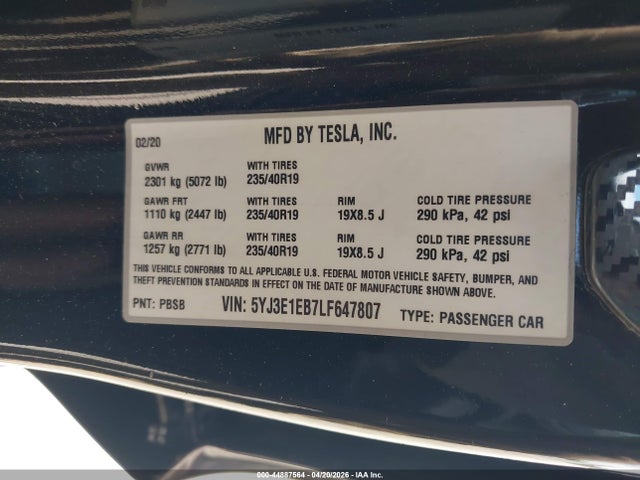 2020 Tesla Model 3 Long Range Dual Motor All-wheel Drive მანქანა იყიდება აუქციონზე, vin: 5YJ3E1EB7LF647807, აუქციონის ნომერი: 44887564