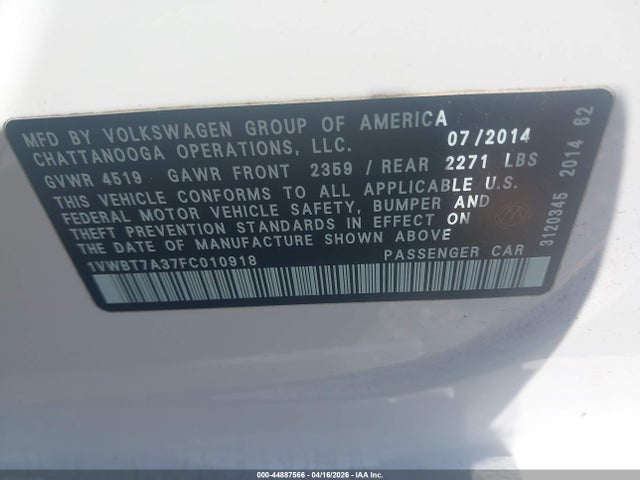 44887566 :رقم المزاد ، 1VWBT7A37FC010918 vin ، 2015 Volkswagen Passat 1.8t Sport مزاد بيع