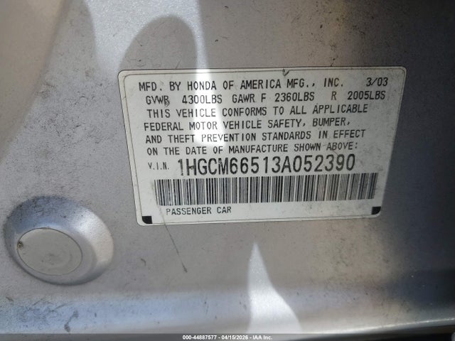 Aukcja sprzedaży 2003 Honda Accord 3.0 Ex, vin: 1HGCM66513A052390, numer aukcji: 44887577