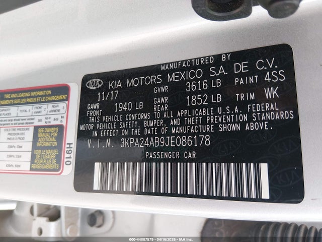 2018 Kia Rio S მანქანა იყიდება აუქციონზე, vin: 3KPA24AB9JE086178, აუქციონის ნომერი: 44887579