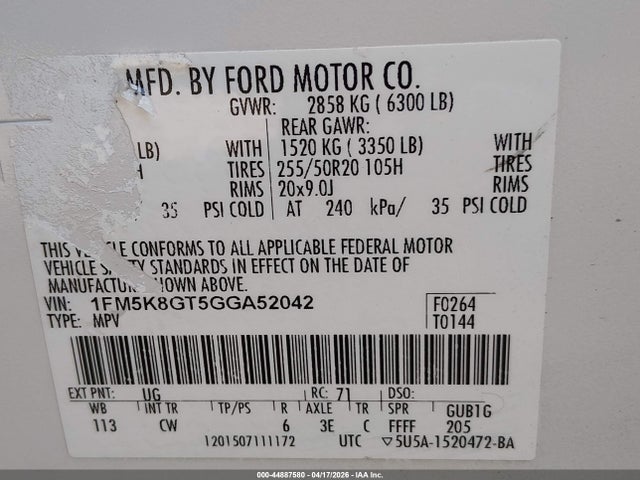 1FM5K8GT5GGA52042 Ford EXPLORER SPORT