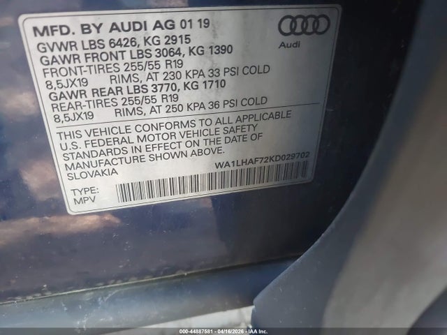 Aukcja sprzedaży 2019 Audi Q7 45 Premium, vin: WA1LHAF72KD029702, numer aukcji: 44887581