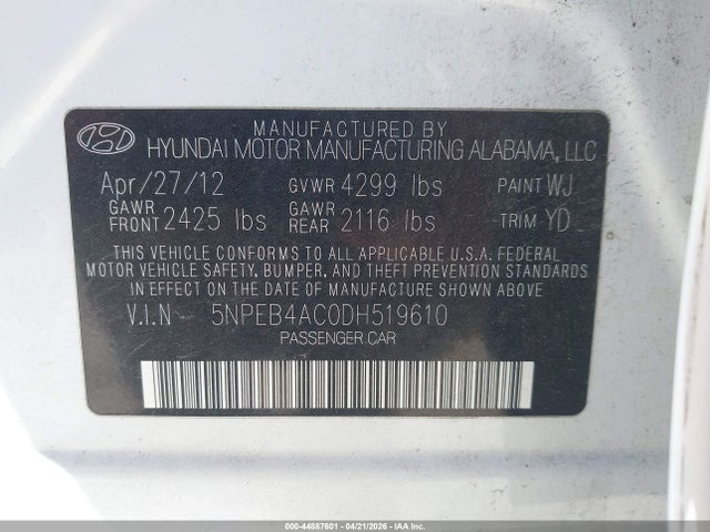 Продаж на аукціоні авто 2013 Hyundai Sonata Gls, vin: 5NPEB4AC0DH519610, номер лоту: 44887601