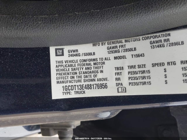 44887614 :رقم المزاد ، 1GCDT13E488176956 vin ، 2008 Chevrolet Colorado Lt مزاد بيع