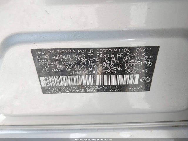 Продаж на аукціоні авто 2012 Lexus Is 250, vin: JTHBF5C24C5157635, номер лоту: 44887625