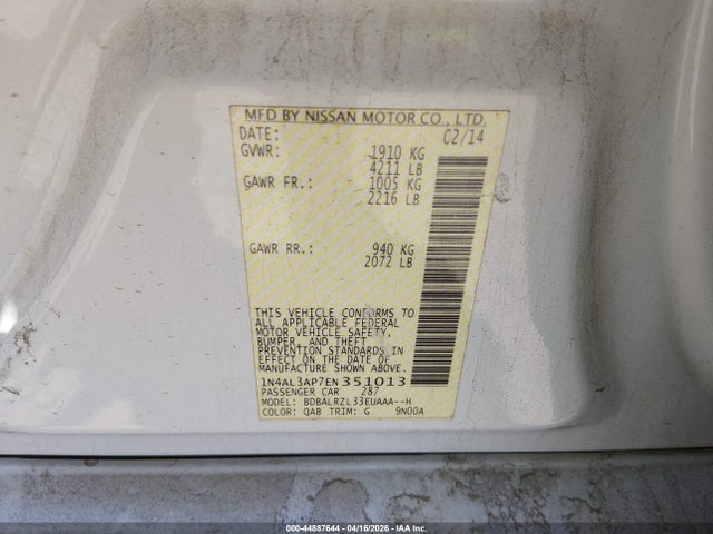 Aukcja sprzedaży 2014 Nissan Altima 2.5 S, vin: 1N4AL3AP7EN351013, numer aukcji: 44887644