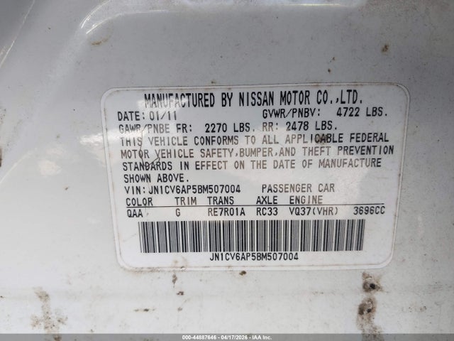 44887646 :رقم المزاد ، JN1CV6AP5BM507004 vin ، 2011 Infiniti G37 Journey مزاد بيع