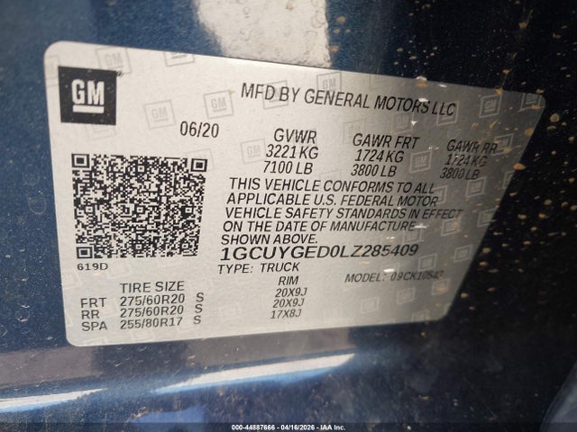 44887666 :رقم المزاد ، 1GCUYGED0LZ285409 vin ، 2020 Chevrolet Silverado 1500 4wd  Short Bed Ltz مزاد بيع