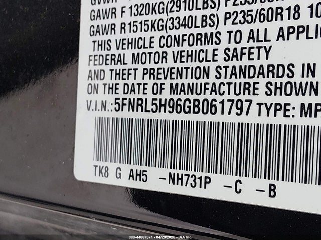 5FNRL5H96GB061797 Honda Odyssey Touring/touring Elite