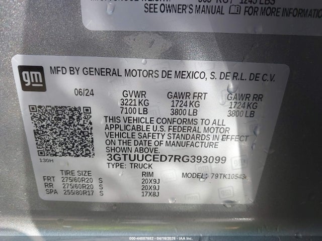 44887682 :رقم المزاد ، 3GTUUCED7RG393099 vin ، 2024 Gmc Sierra 1500 4wd  Short Box Elevation With 3sb مزاد بيع