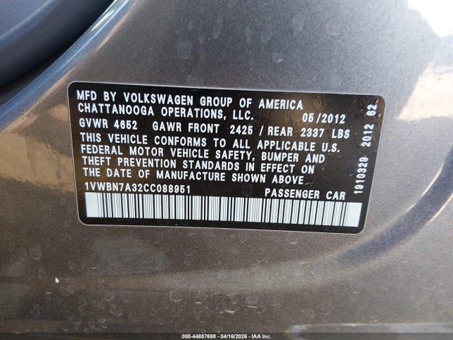 2012 Volkswagen Passat 2.0l Tdi Se მანქანა იყიდება აუქციონზე, vin: 1VWBN7A32CC088951, აუქციონის ნომერი: 44887690