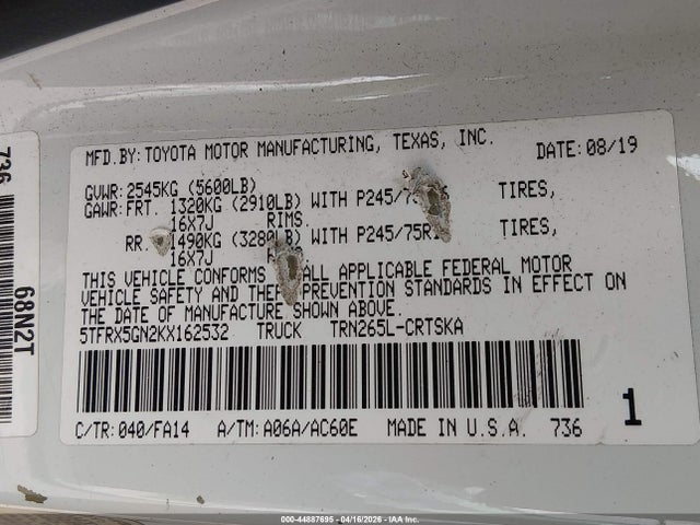 5TFRX5GN2KX162532 Toyota Tacoma Sr