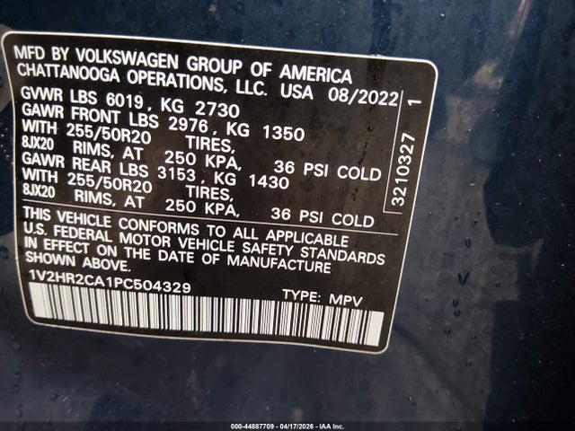 Продажа на аукционе авто 2023 Volkswagen Atlas 3.6l V6 Se W/technology, vin: 1V2HR2CA1PC504329, номер лота: 44887709