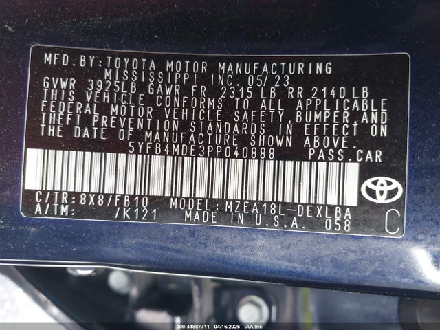 44887711 :رقم المزاد ، 5YFB4MDE3PP040888 vin ، 2023 Toyota Corolla Le مزاد بيع