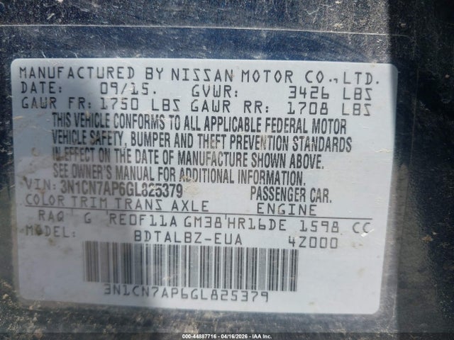 44887716 :رقم المزاد ، 3N1CN7AP6GL825379 vin ، 2016 Nissan Versa 1.6 Sv مزاد بيع