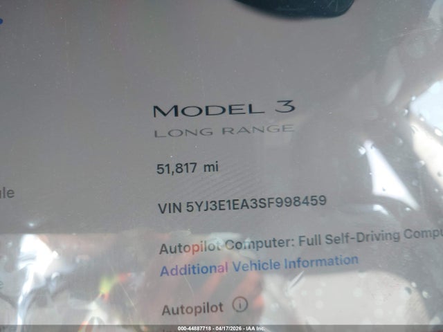 2025 Tesla Model 3 Long Range Rear-wheel Drive/standard Rear-wheel Drive მანქანა იყიდება აუქციონზე, vin: 5YJ3E1EA3SF998459, აუქციონის ნომერი: 44887718