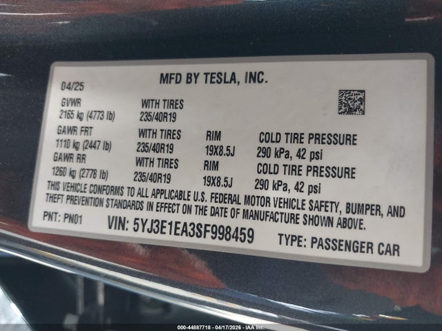 2025 Tesla Model 3 Long Range Rear-wheel Drive/standard Rear-wheel Drive მანქანა იყიდება აუქციონზე, vin: 5YJ3E1EA3SF998459, აუქციონის ნომერი: 44887718