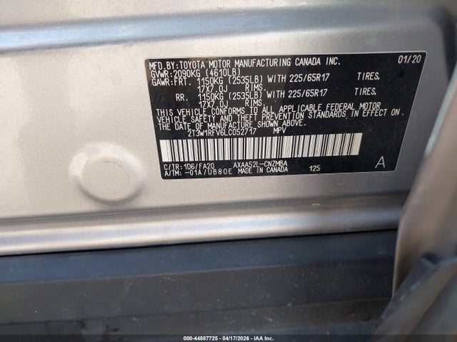 2020 Toyota Rav4 Xle მანქანა იყიდება აუქციონზე, vin: 2T3W1RFV6LC052717, აუქციონის ნომერი: 44887725