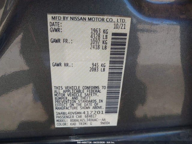 Продажа на аукционе авто 2021 Nissan Altima Sv Fwd, vin: 1N4BL4DV6MN417201, номер лота: 44887726