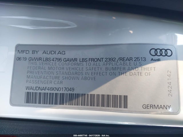 44887745 :رقم المزاد ، WAUDNAF46KN017049 vin ، 2019 Audi A4 45 Premium مزاد بيع