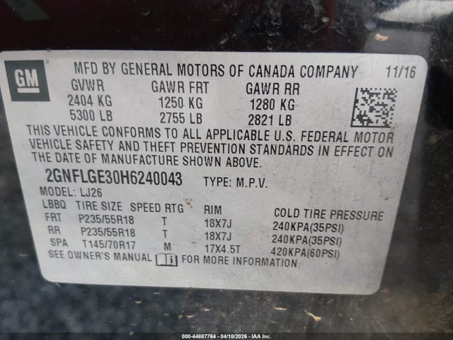 44887764 :رقم المزاد ، 2GNFLGE30H6240043 vin ، 2017 Chevrolet Equinox Premier مزاد بيع