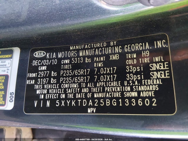 2011 Kia Sorento Lx V6 მანქანა იყიდება აუქციონზე, vin: 5XYKTDA25BG133602, აუქციონის ნომერი: 44887769