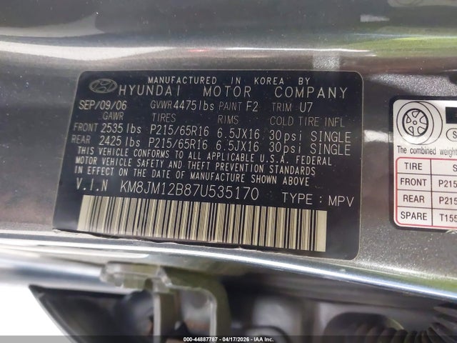 2007 HYUNDAI TUCSON KM8JM12B87U535170 Photo 8