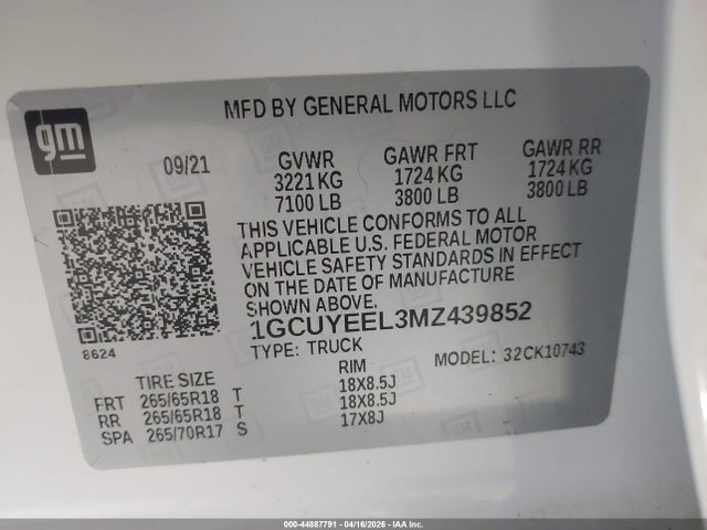 Aukcja sprzedaży 2021 Chevrolet Silverado 1500 Rst, vin: 1GCUYEEL3MZ439852, numer aukcji: 44887791