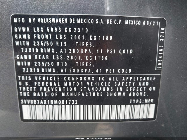2022 Volkswagen Tiguan 2.0t Se R-line Black მანქანა იყიდება აუქციონზე, vin: 3VV8B7AX1NM001732, აუქციონის ნომერი: 44887796