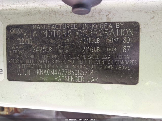 Продаж на аукціоні авто 2011 Kia Optima Lx, vin: KNAGM4A77B5085718, номер лоту: 44887817