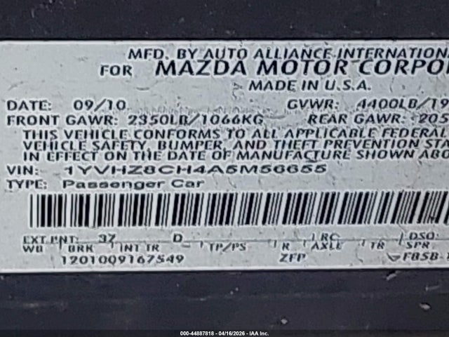 Aukcja sprzedaży 2010 Mazda Mazda6 I Touring, vin: 1YVHZ8CH4A5M56655, numer aukcji: 44887818