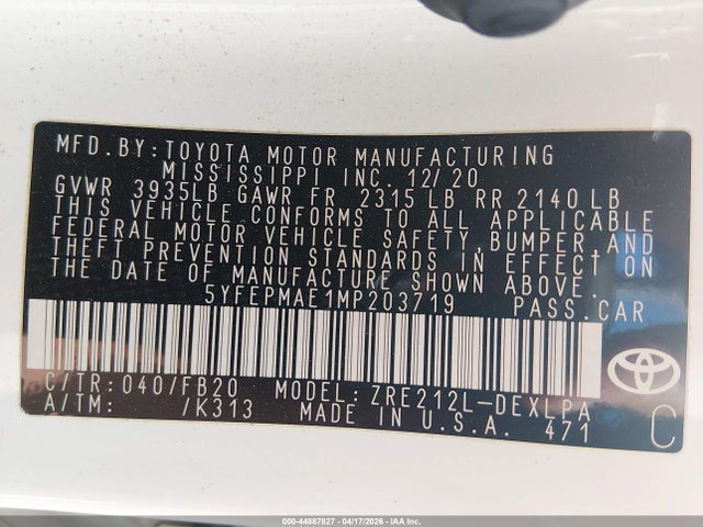 Toyota COROLLA LE 2021 5YFEPMAE1MP203719 Image 9