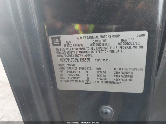 2009 Gmc Acadia Sle-1 მანქანა იყიდება აუქციონზე, vin: 1GKEV13D39J126585, აუქციონის ნომერი: 44887832