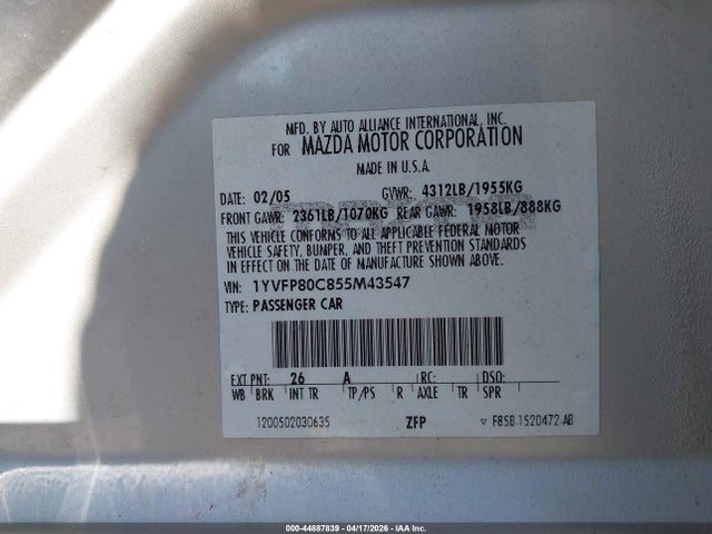 44887839 :رقم المزاد ، 1YVFP80C855M43547 vin ، 2005 Mazda Mazda6 I Base مزاد بيع