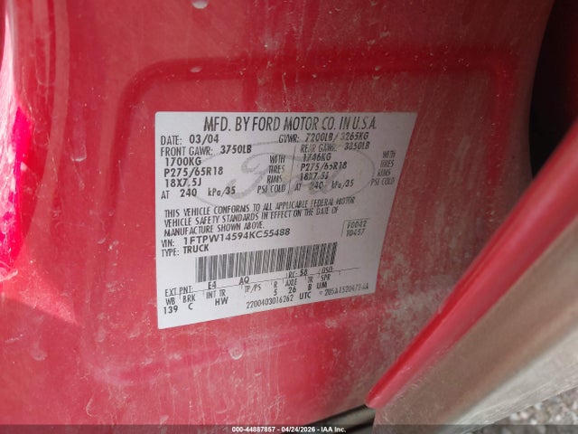 Продажа на аукционе авто 2004 Ford F-150 Fx4/lariat/xlt, vin: 1FTPW14594KC55488, номер лота: 44887857
