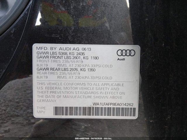 2014 Audi Q5 2.0t Premium მანქანა იყიდება აუქციონზე, vin: WA1LFAFP8EA014262, აუქციონის ნომერი: 44887859