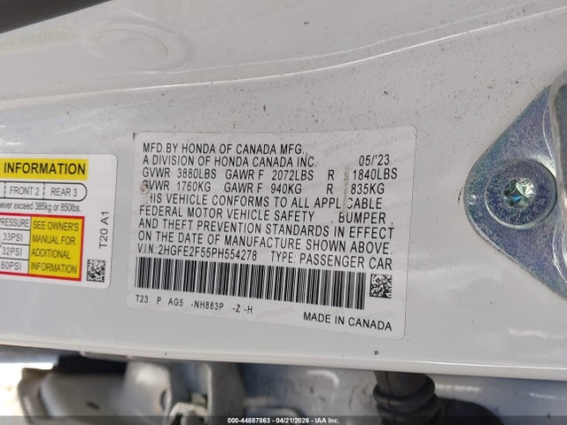 44887863 :رقم المزاد ، 2HGFE2F55PH554278 vin ، 2023 Honda Civic Sport مزاد بيع