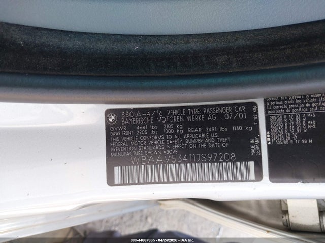 2001 Bmw 330i მანქანა იყიდება აუქციონზე, vin: WBAAV53411JS97208, აუქციონის ნომერი: 44887865