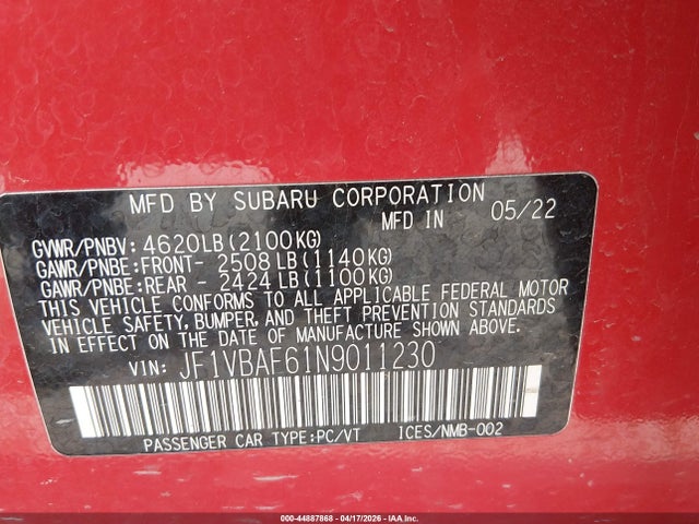 Aukcja sprzedaży 2022 Subaru Wrx Premium, vin: JF1VBAF61N9011230, numer aukcji: 44887868