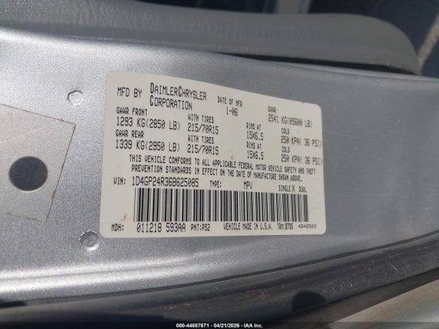 2006 Dodge Grand Caravan Se მანქანა იყიდება აუქციონზე, vin: 1D4GP24R36B625085, აუქციონის ნომერი: 44887871